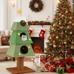 Großer Weihnachtlicher Kratzbaum für Wohnungskatzen 162 cm Niedlicher Katzenturm Grün