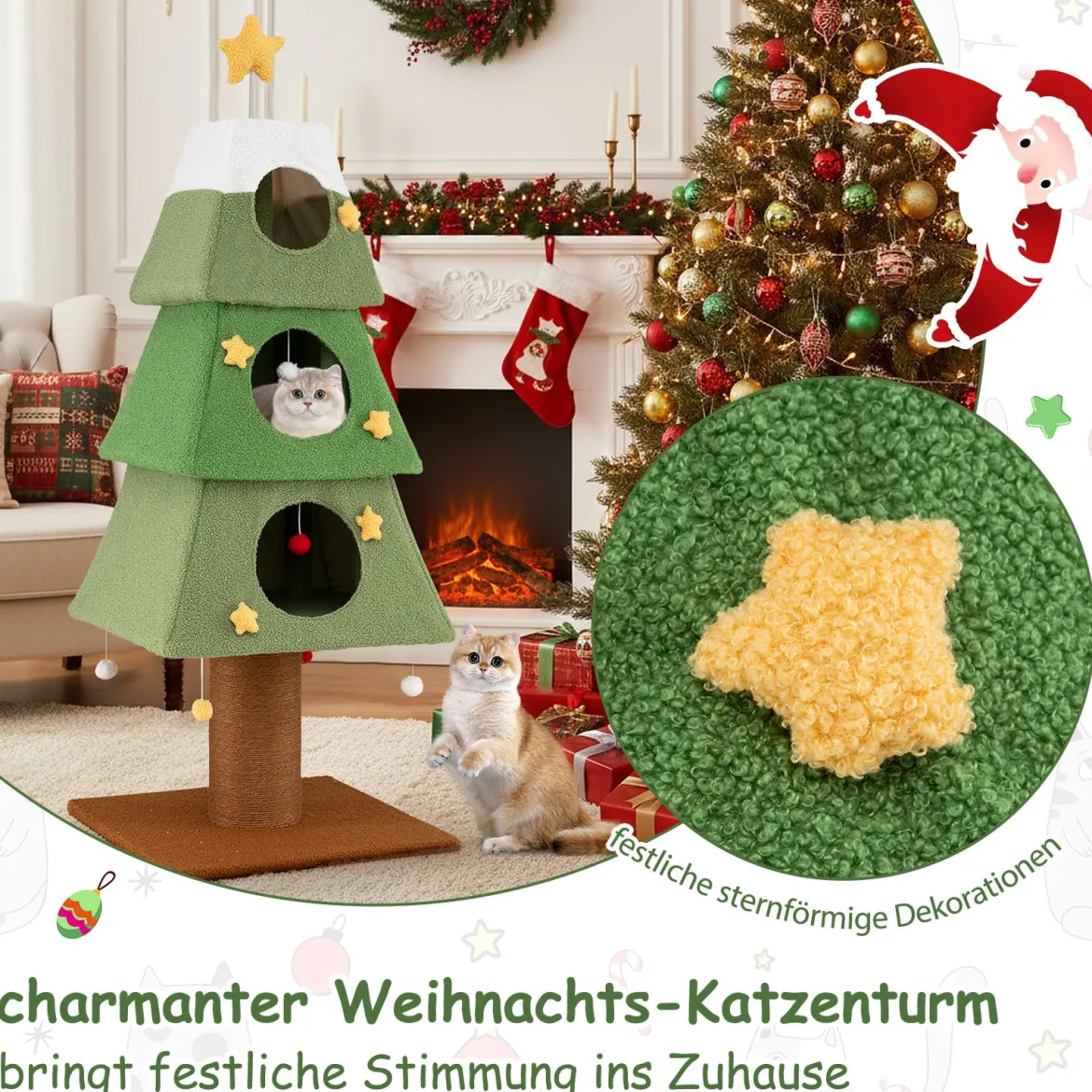 Großer Weihnachtlicher Kratzbaum für Wohnungskatzen 162 cm Niedlicher Katzenturm Grün