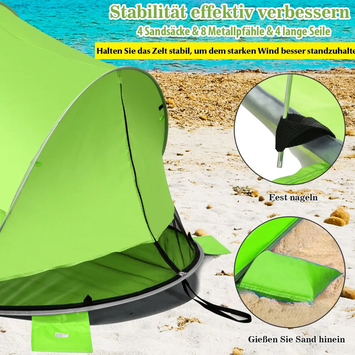 Großes Pop Up Strandzelt faltbarer Strandmuschel 3-4 Personen Strandzelt Sonnenschutz Wurfzelt Grün