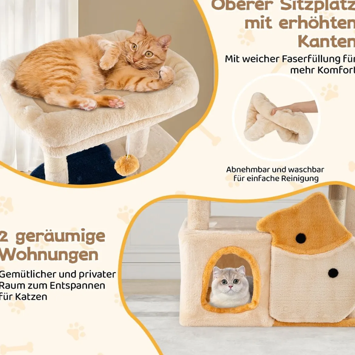 Groß Kratzbaum mit Fisch-Design Holz Katzenbaum Katzenkratzbaum Kletterbaum Beige