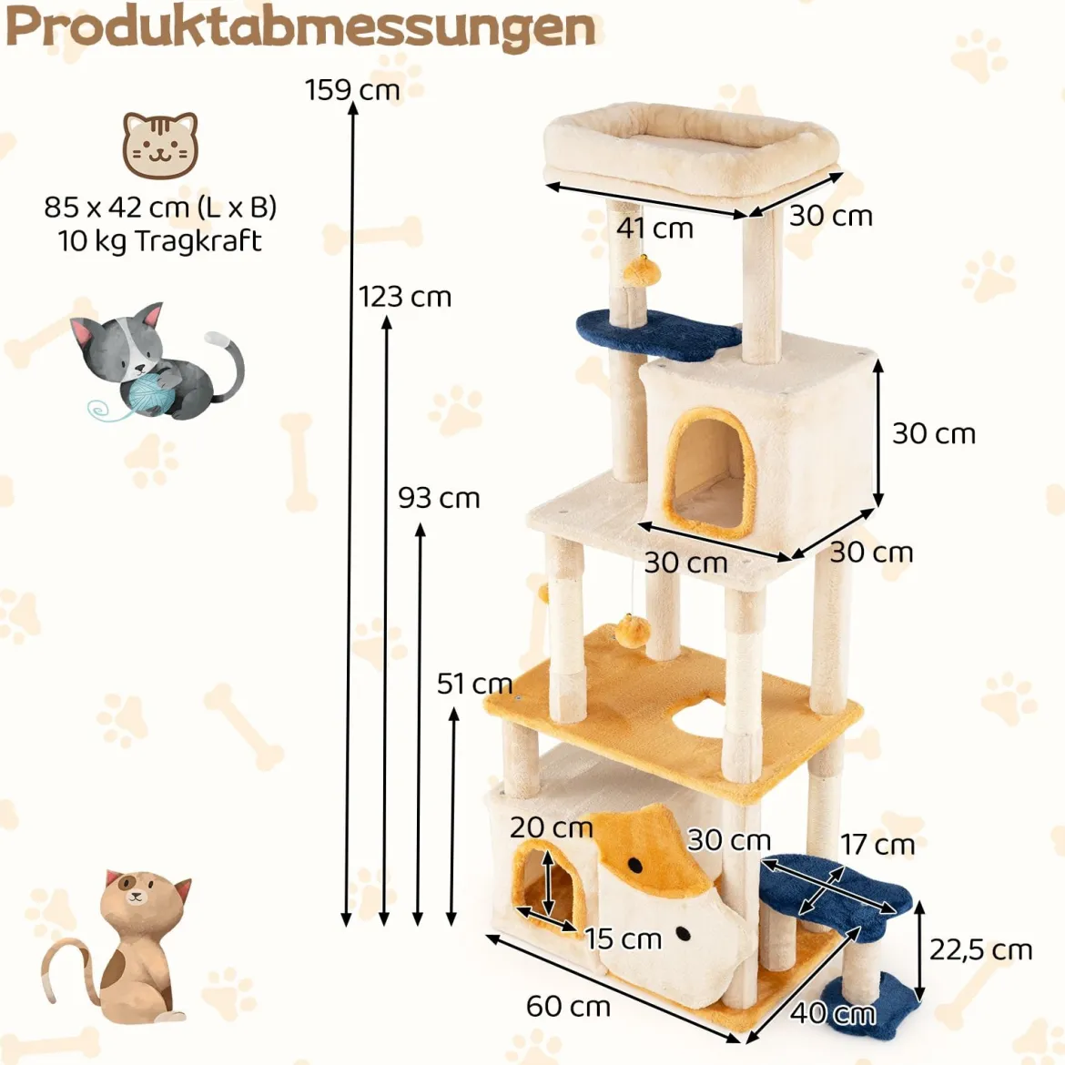 Groß Kratzbaum mit Fisch-Design Holz Katzenbaum Katzenkratzbaum Kletterbaum Beige