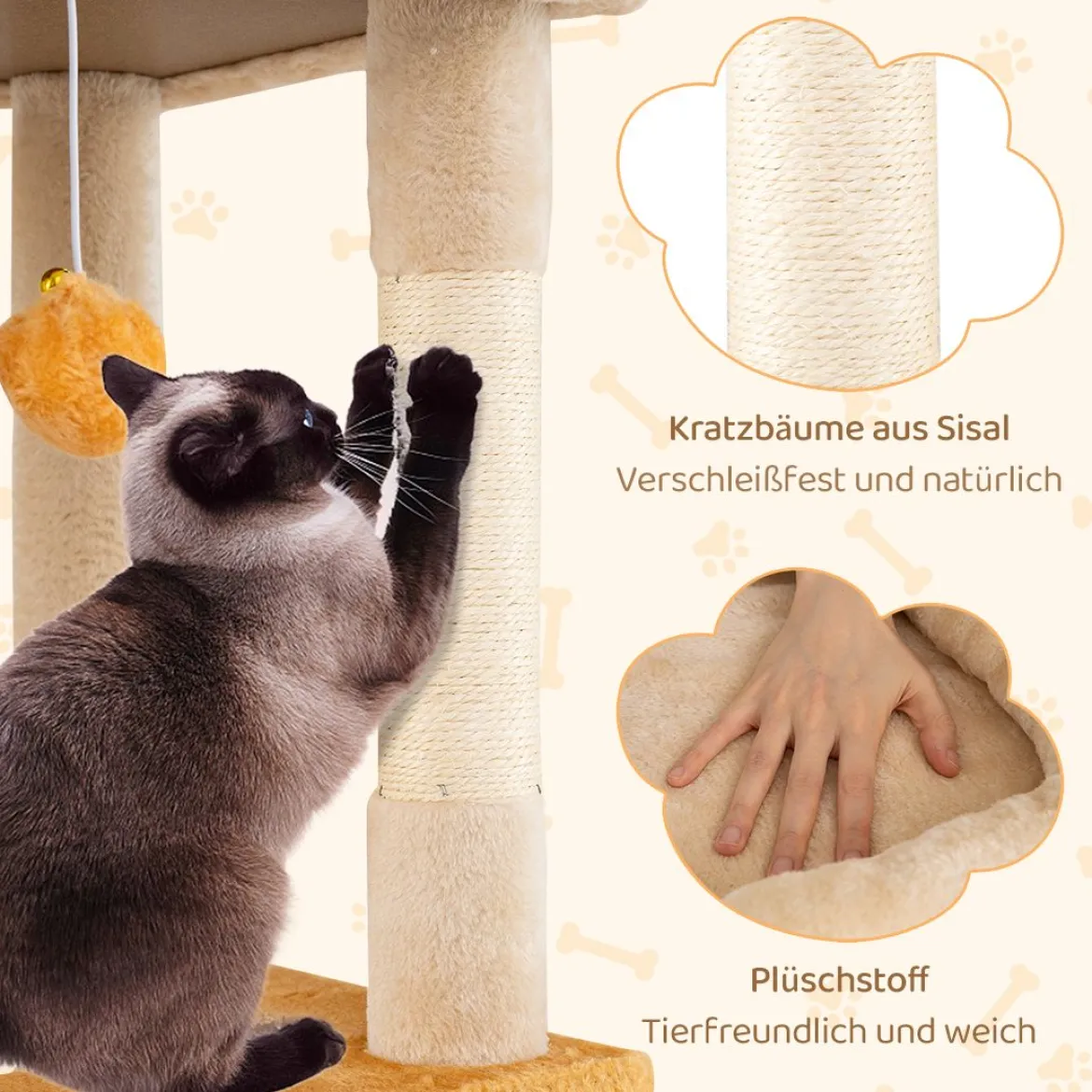 Groß Kratzbaum mit Fisch-Design Holz Katzenbaum Katzenkratzbaum Kletterbaum Beige