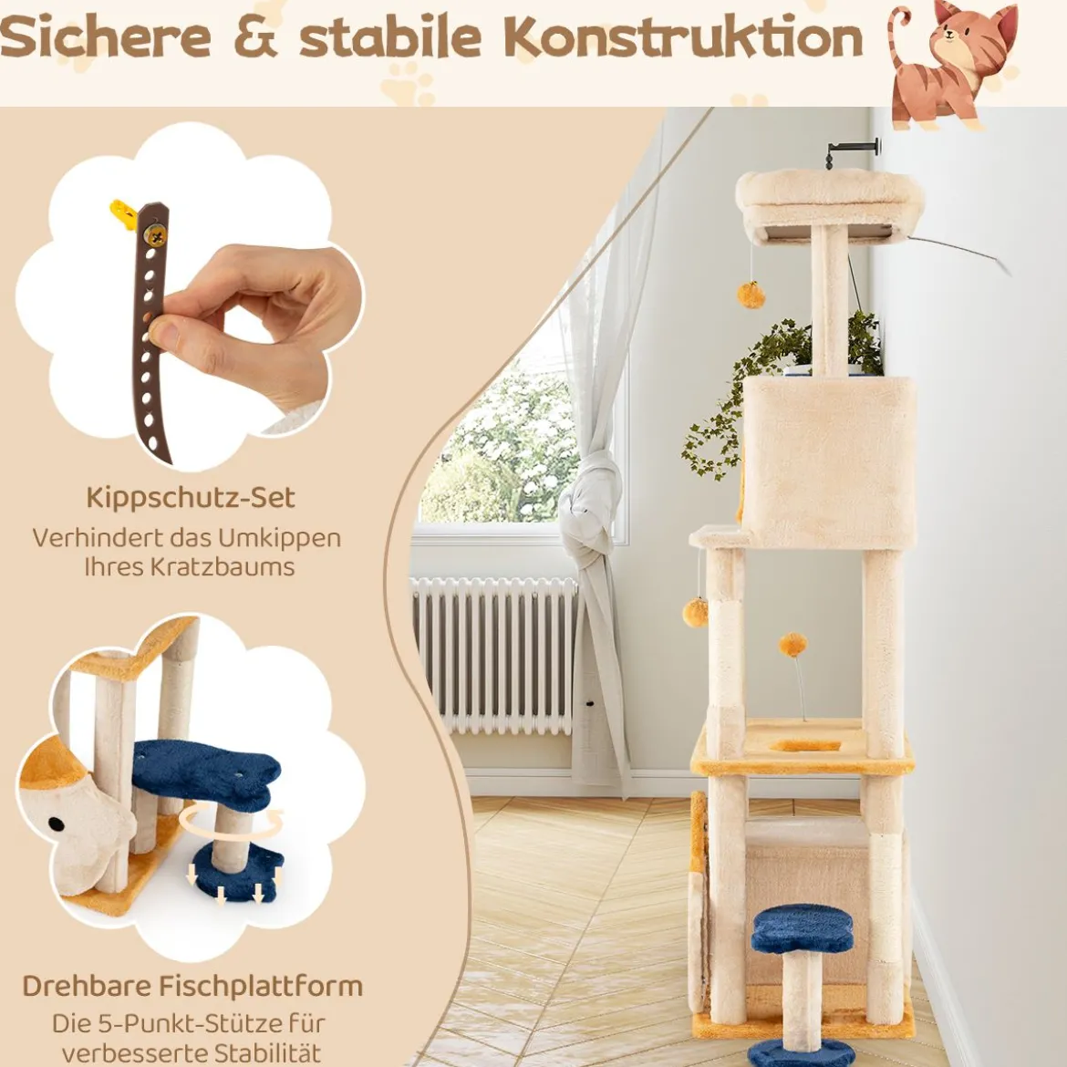 Groß Kratzbaum mit Fisch-Design Holz Katzenbaum Katzenkratzbaum Kletterbaum Beige