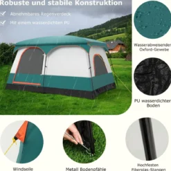 Groß Zelt mit Vorzelt & Boden & 2 Räumen & 2 Eingänge & Tragetasche Campingzelt Familienzelt