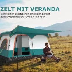 Groß Zelt mit Vorzelt & Boden & 2 Räumen & 2 Eingänge & Tragetasche Campingzelt Familienzelt
