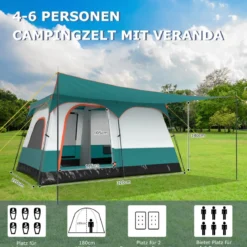 Groß Zelt mit Vorzelt & Boden & 2 Räumen & 2 Eingänge & Tragetasche Campingzelt Familienzelt