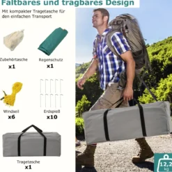 Groß Zelt mit Vorzelt & Boden & 2 Räumen & 2 Eingänge & Tragetasche Campingzelt Familienzelt