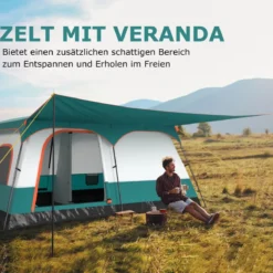 Groß Zelt mit Vorzelt & Boden & 2 Räumen & 2 Eingänge & Tragetasche Campingzelt Familienzelt