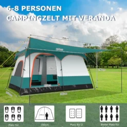 Groß Zelt mit Vorzelt & Boden & 2 Räumen & 2 Eingänge & Tragetasche Campingzelt Familienzelt