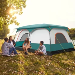 Groß Zelt mit Vorzelt & Boden & 2 Räumen & 2 Eingänge & Tragetasche Campingzelt Familienzelt