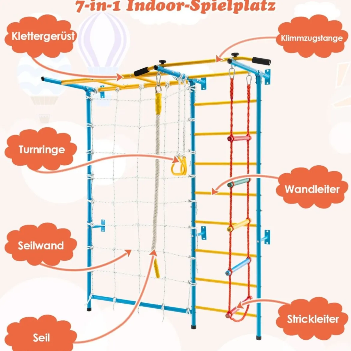 Gymnastikgerät 7 in 1 Kinder Kletterwand mit Netz 197,5 x 83,5 x 223 cm