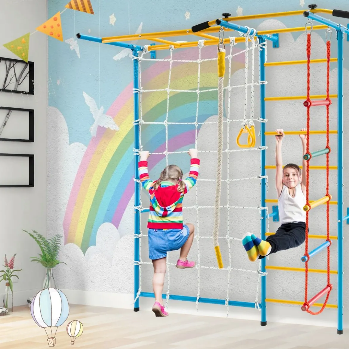 Gymnastikgerät 7 in 1 Kinder Kletterwand mit Netz 197,5 x 83,5 x 223 cm