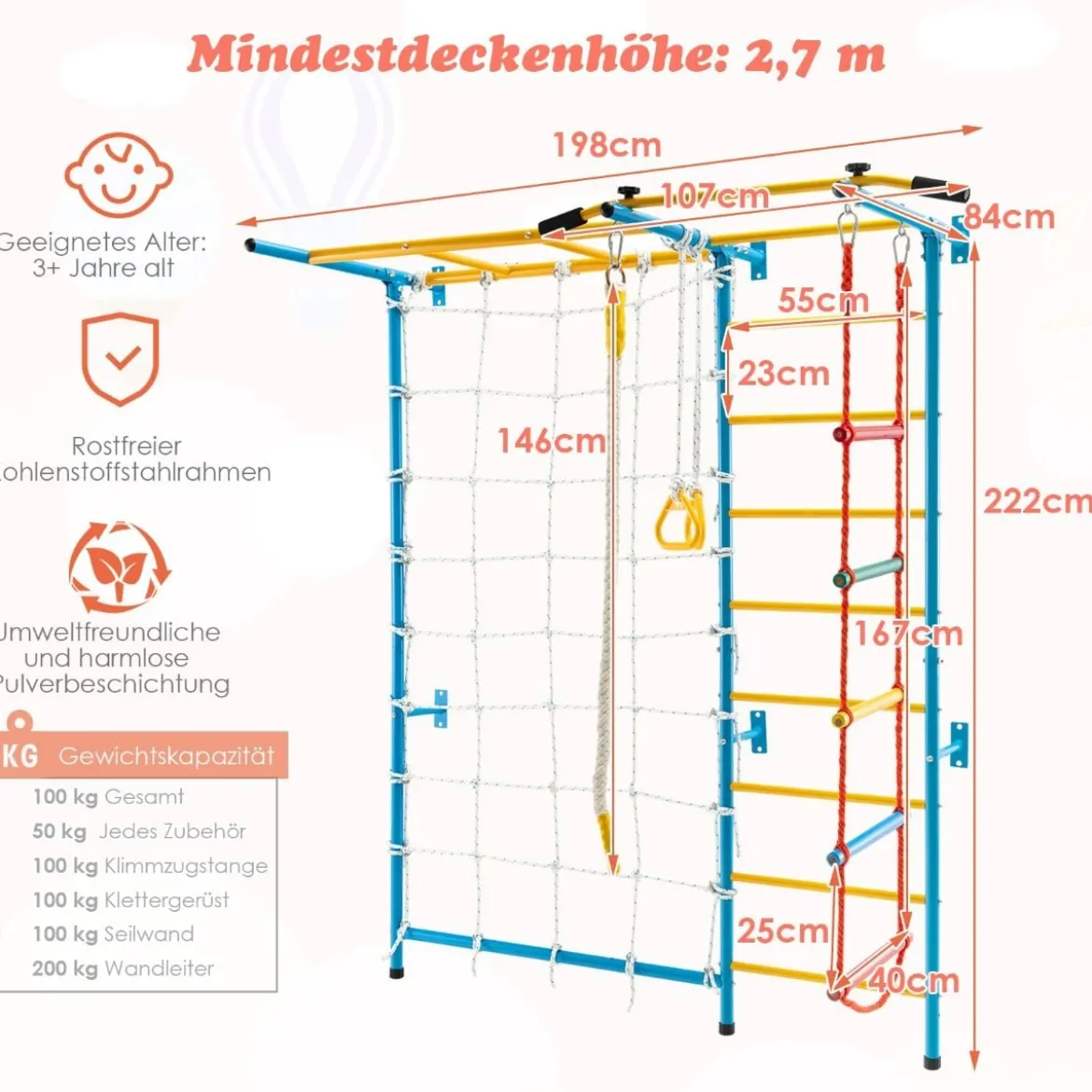 Gymnastikgerät 7 in 1 Kinder Kletterwand mit Gymnastikmatte Blau