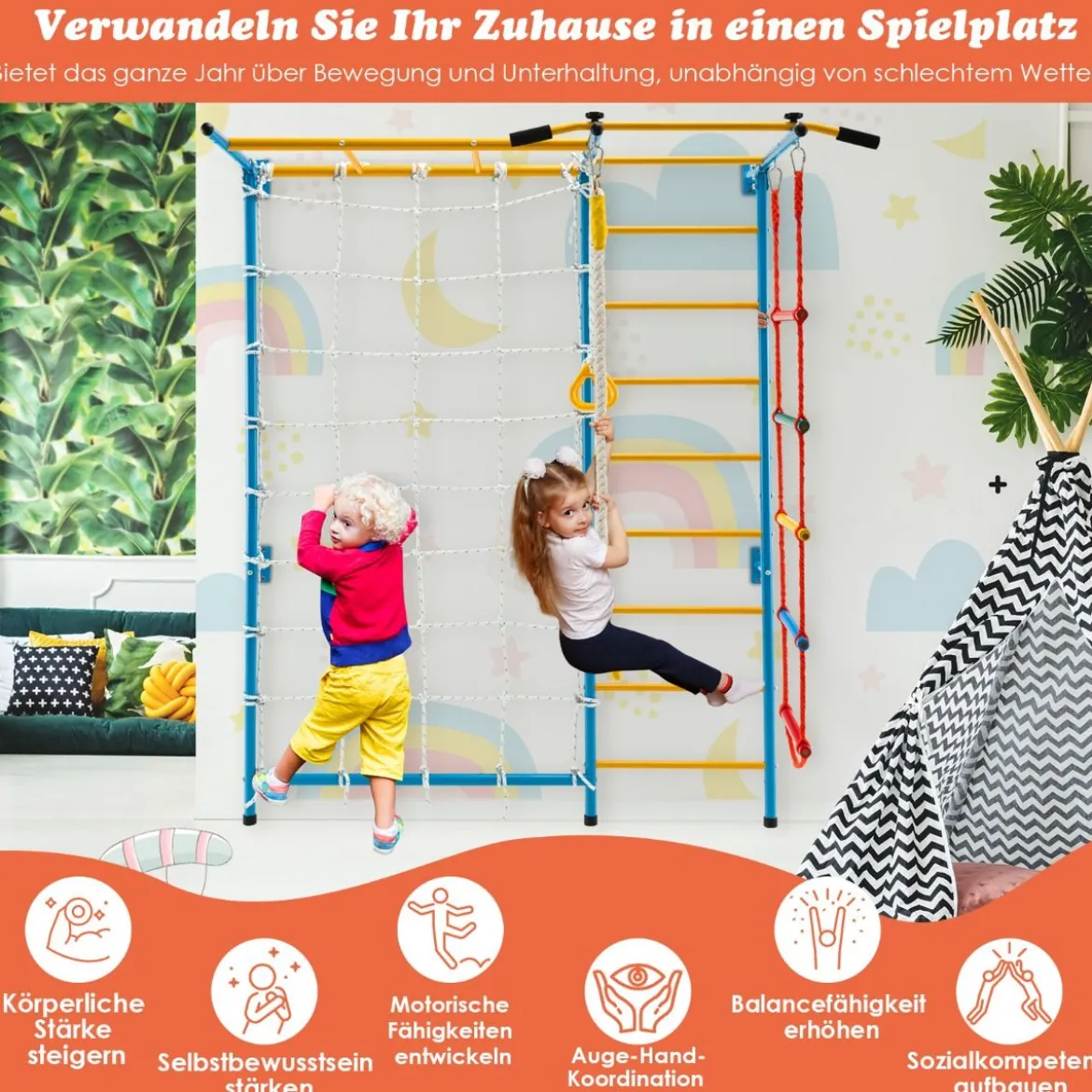 Gymnastikgerät 7 in 1 Kinder Kletterwand mit Gymnastikmatte Blau