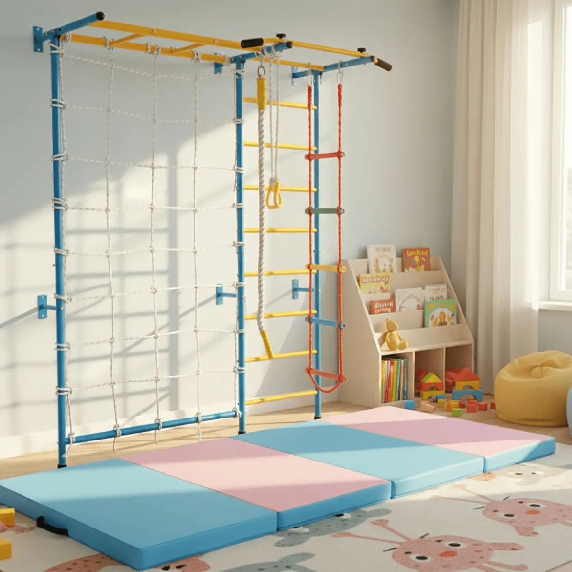 Gymnastikgerät 7 in 1 Kinder Kletterwand mit Gymnastikmatte Blau