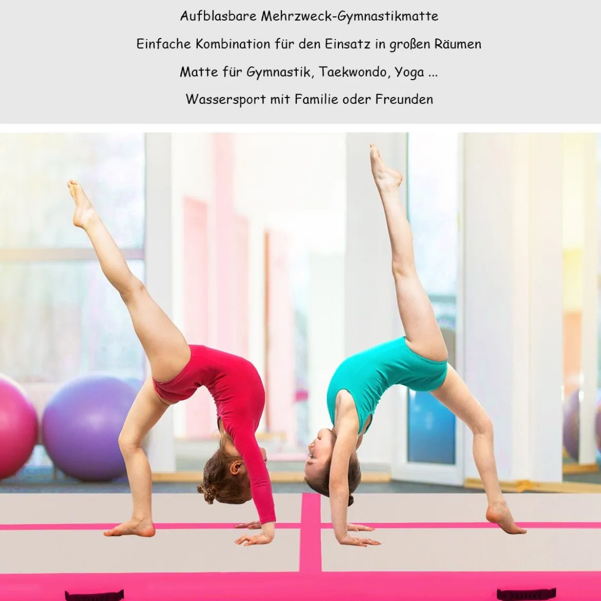 Gymnastikmatte Aufblasbar Tumbling Matte Trainingsmatte Blau/Rosa/Schwarz 400 x 100 x 10 cm
