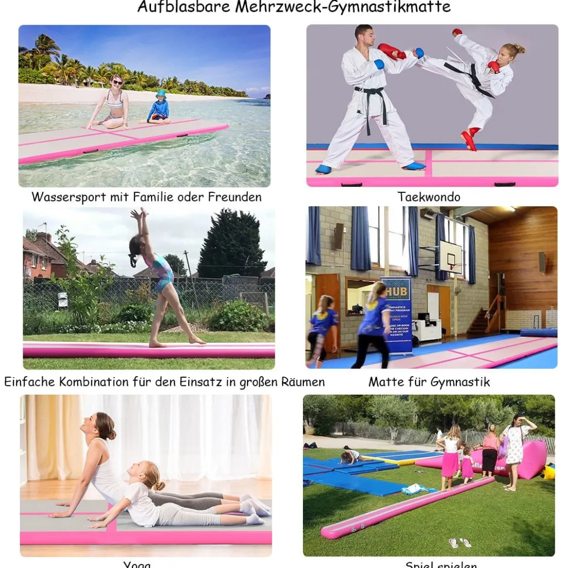 Gymnastikmatte Aufblasbar Tumbling Matte Trainingsmatte Blau/Rosa/Schwarz 400 x 100 x 10 cm