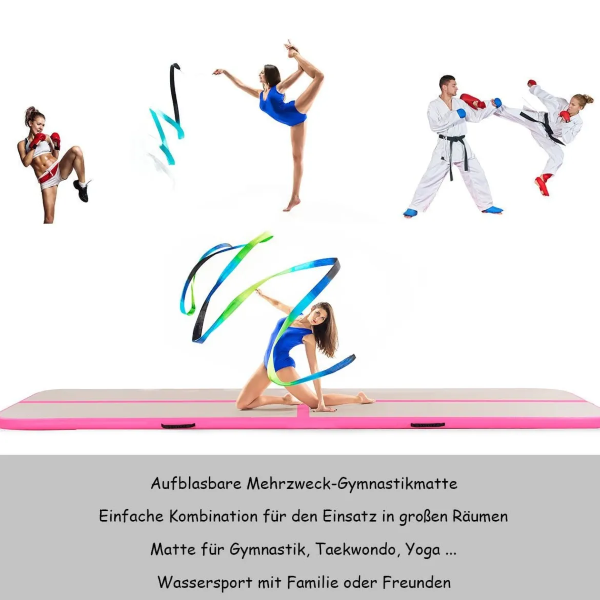 Gymnastikmatte Aufblasbar Tumbling Matte Trainingsmatte Blau/Rosa/Schwarz 400 x 100 x 10 cm