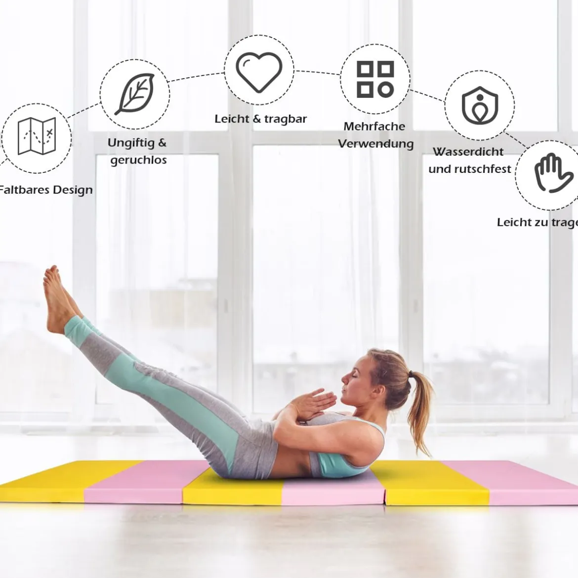 Gymnastikmatte faltbare Übungsmatte dicke Sportmatte Rosa und Gelb 180 cm x 60 cm