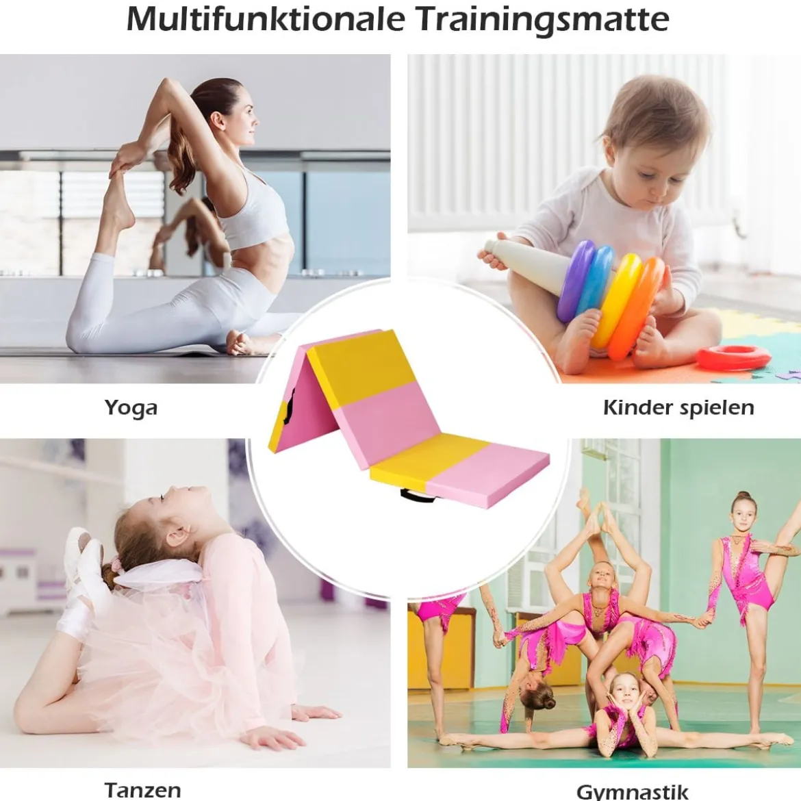 Gymnastikmatte faltbare Übungsmatte dicke Sportmatte Rosa und Gelb 180 cm x 60 cm