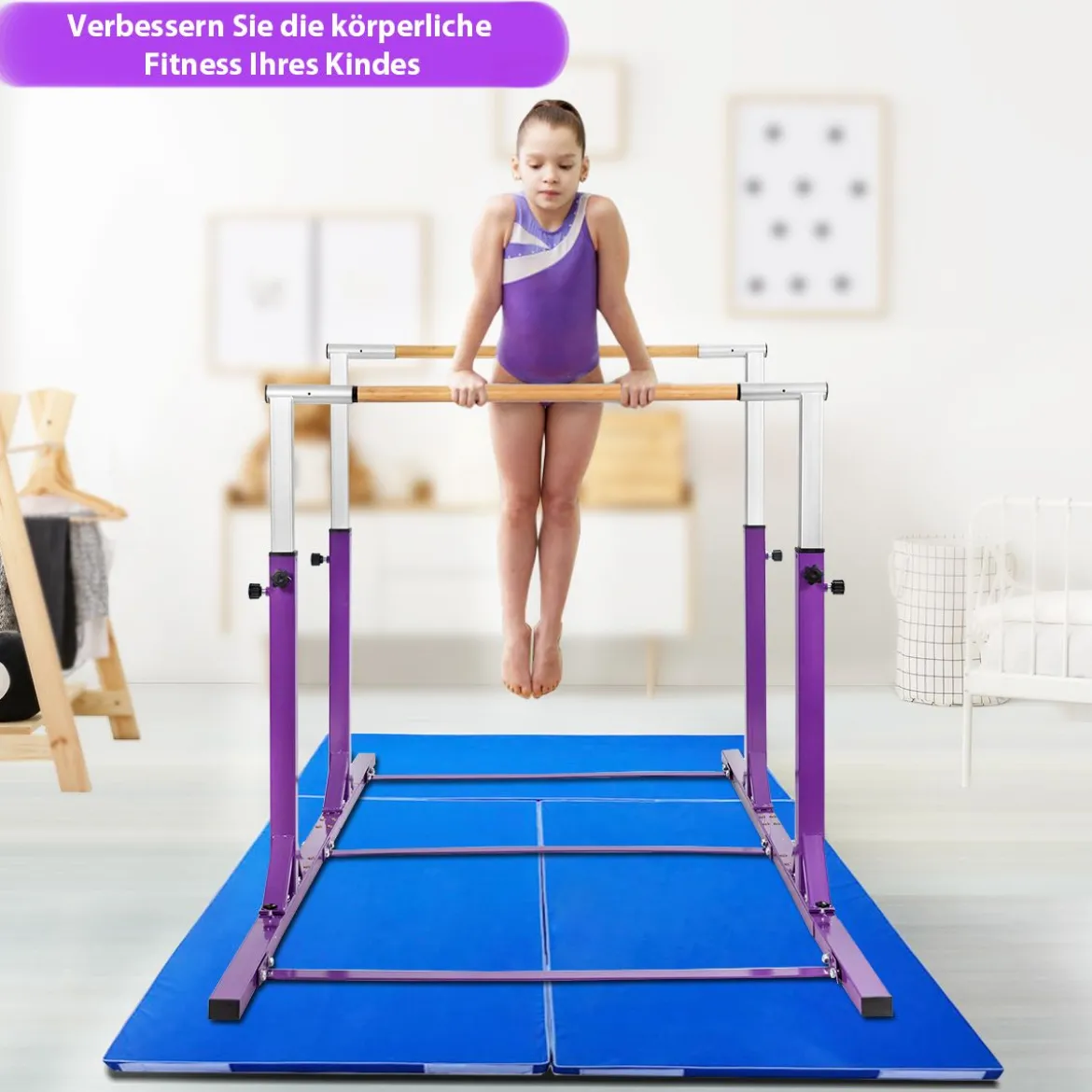 Gymnastikstangen Reckstange Turnbarren mit einstellbarer Breite 250 x 132 x 140 cm Violett