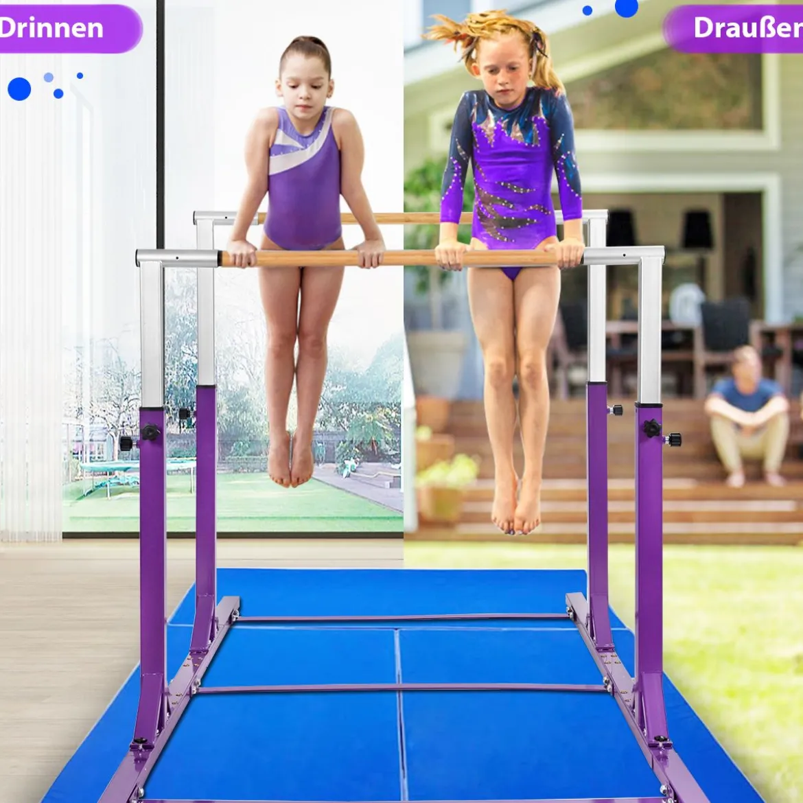 Gymnastikstangen Reckstange Turnbarren mit einstellbarer Breite 250 x 132 x 140 cm Violett