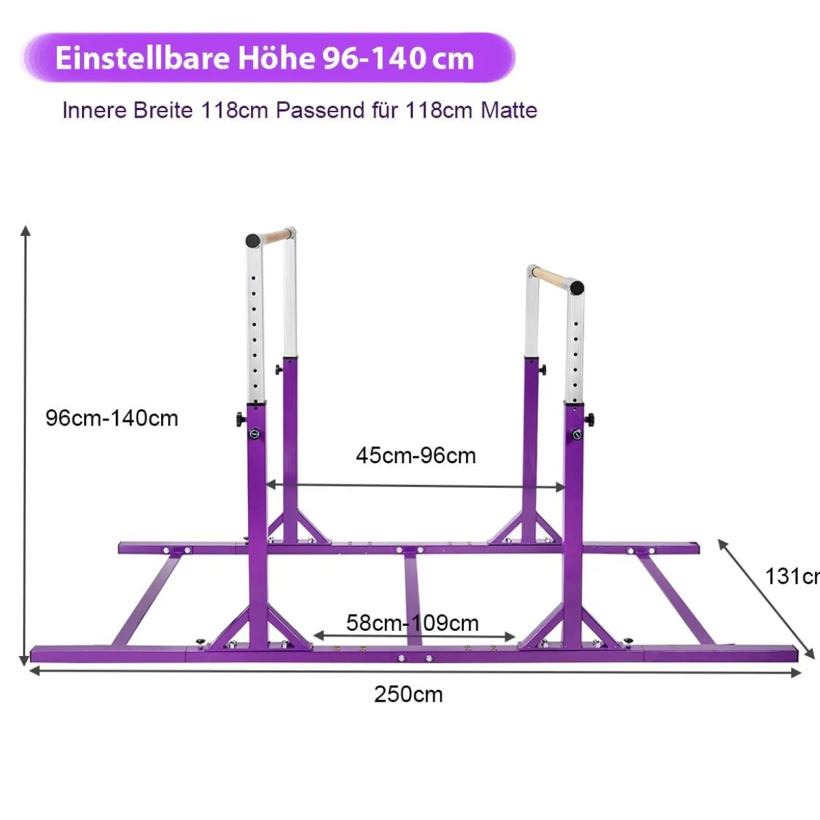 Gymnastikstangen Reckstange Turnbarren mit einstellbarer Breite 250 x 132 x 140 cm Violett