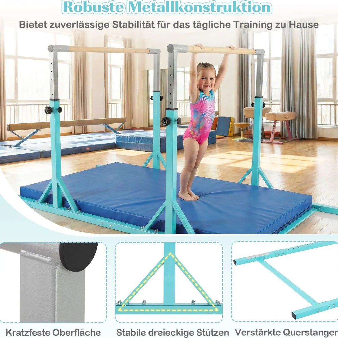 Gymnastik Turnreck bis 100kg Belastbar Höhenverstellbar & Breiteverstellbar Reckstange Türkis