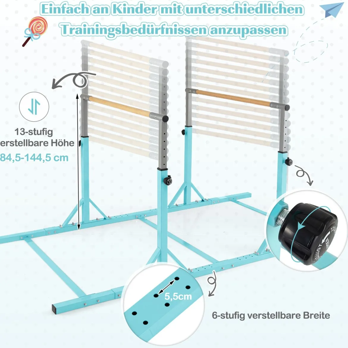 Gymnastik Turnreck bis 100kg Belastbar Höhenverstellbar & Breiteverstellbar Reckstange Türkis