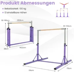 Gymnastik Turnreck Turnreck höhenverstellbar Turnstangen bis 100kg belastbar für den Innenbereich Rosa/Blau/Grün/Violett
