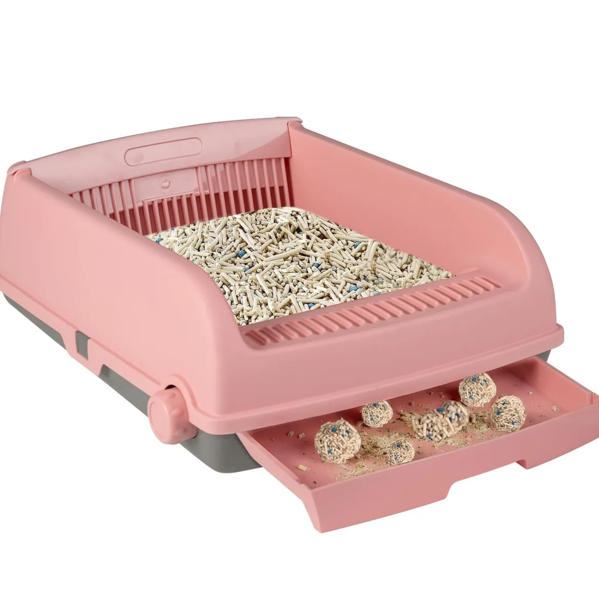 Halbautomatische Katzenstreu-Box mit offenem Deckel spritzgeschützte Katzentoilette Rosa