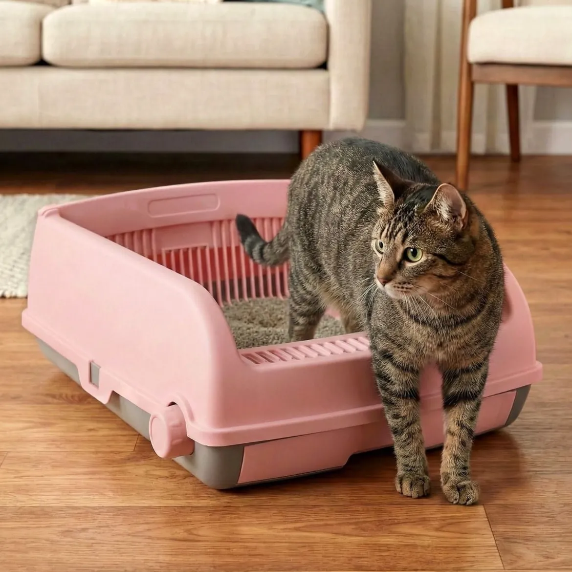 Halbautomatische Katzenstreu-Box mit offenem Deckel spritzgeschützte Katzentoilette Rosa