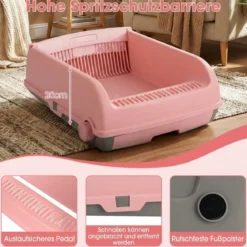 Halbautomatische Katzenstreu-Box mit offenem Deckel spritzgeschützte Katzentoilette Rosa