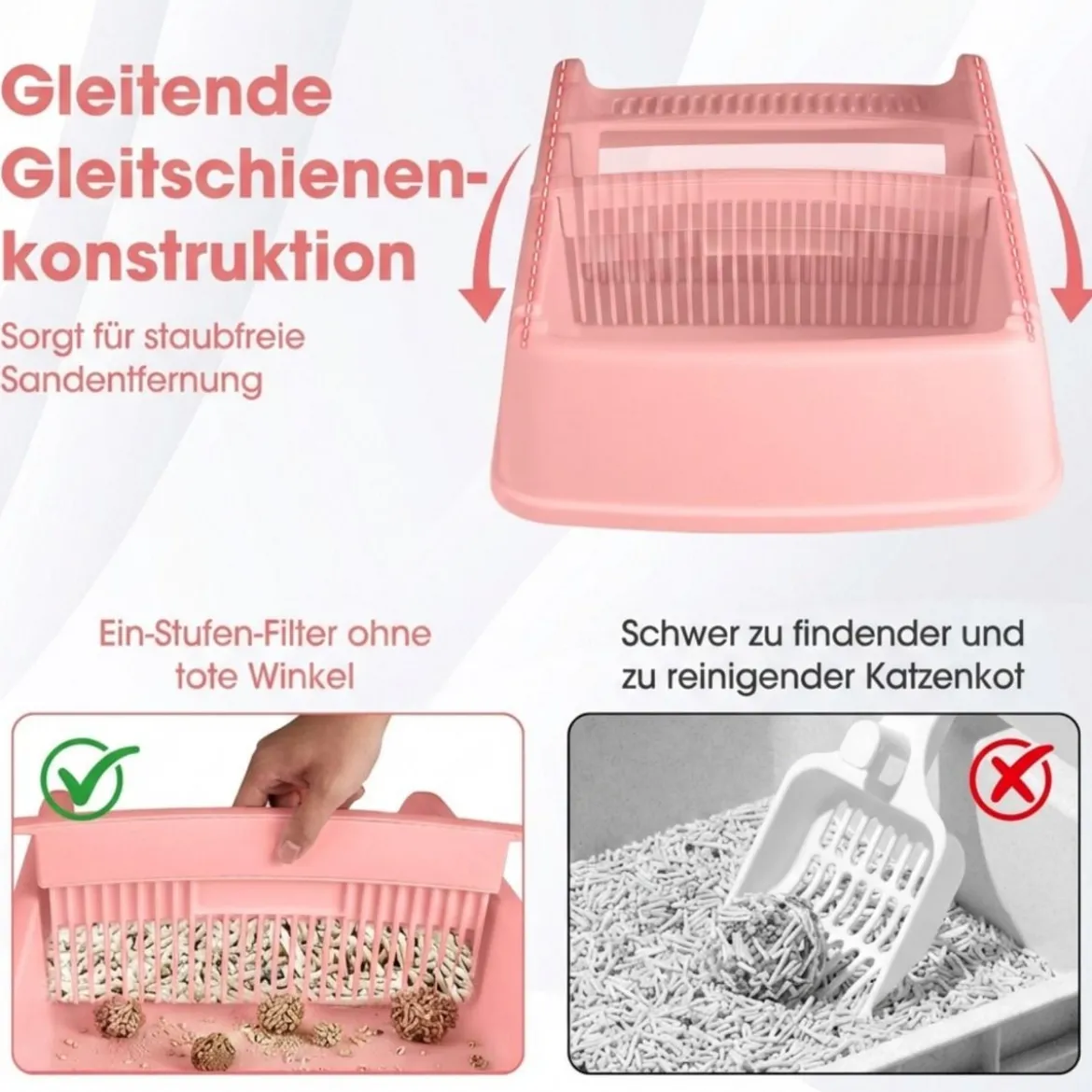 Halbautomatische Katzenstreu-Box mit offenem Deckel spritzgeschützte Katzentoilette Rosa