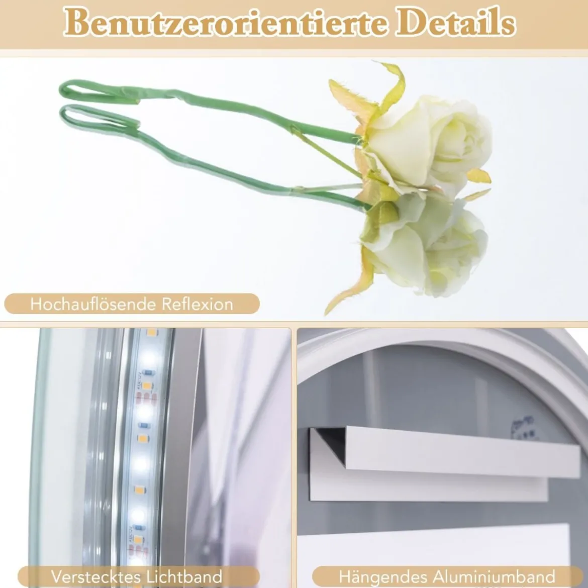 Halbrunder Badezimmerspiegel mit 3-farbigen LED-Leuchten Dimmbarer Kosmetikspiegel