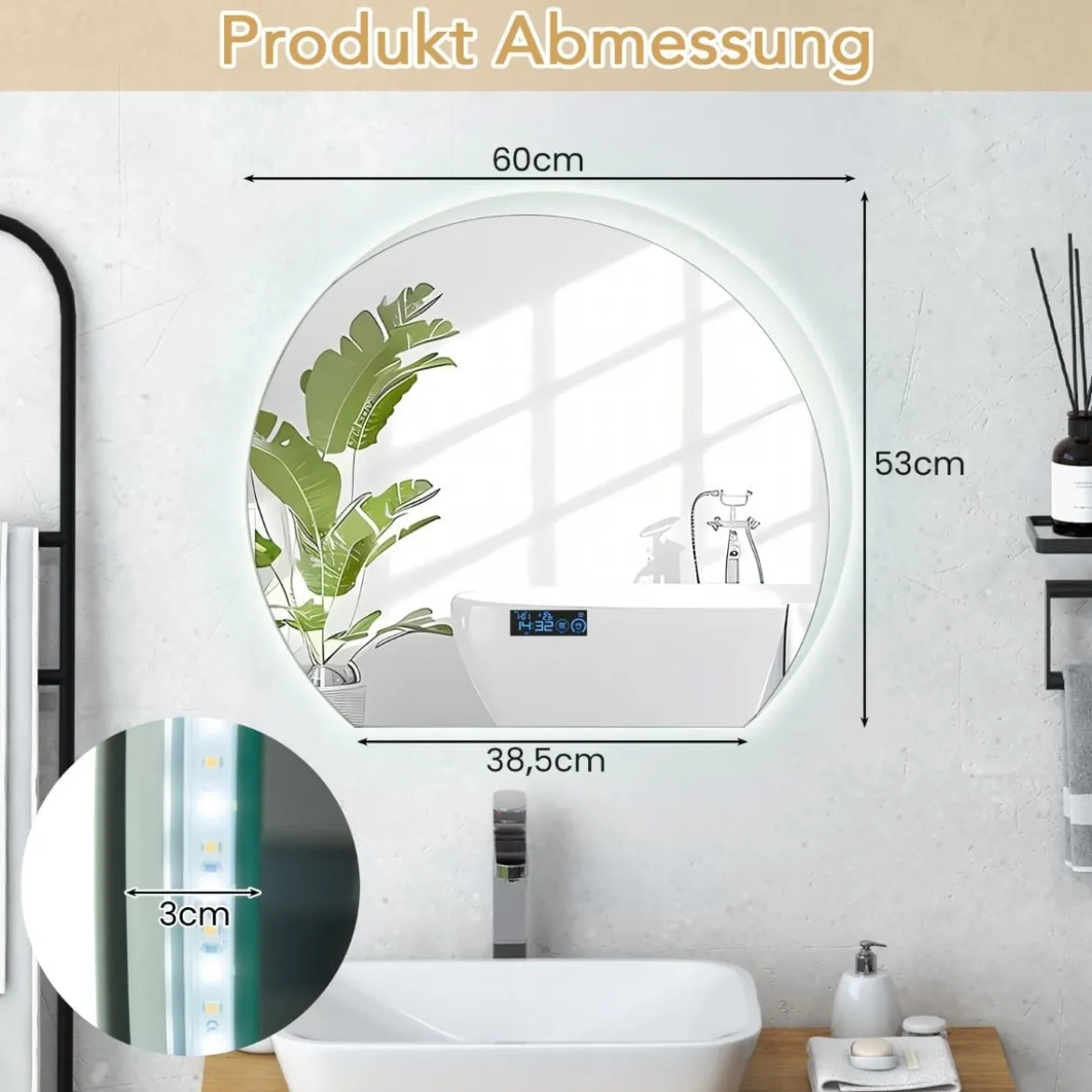 Halbrunder Badezimmerspiegel mit 3-farbigen LED-Leuchten Dimmbarer Kosmetikspiegel
