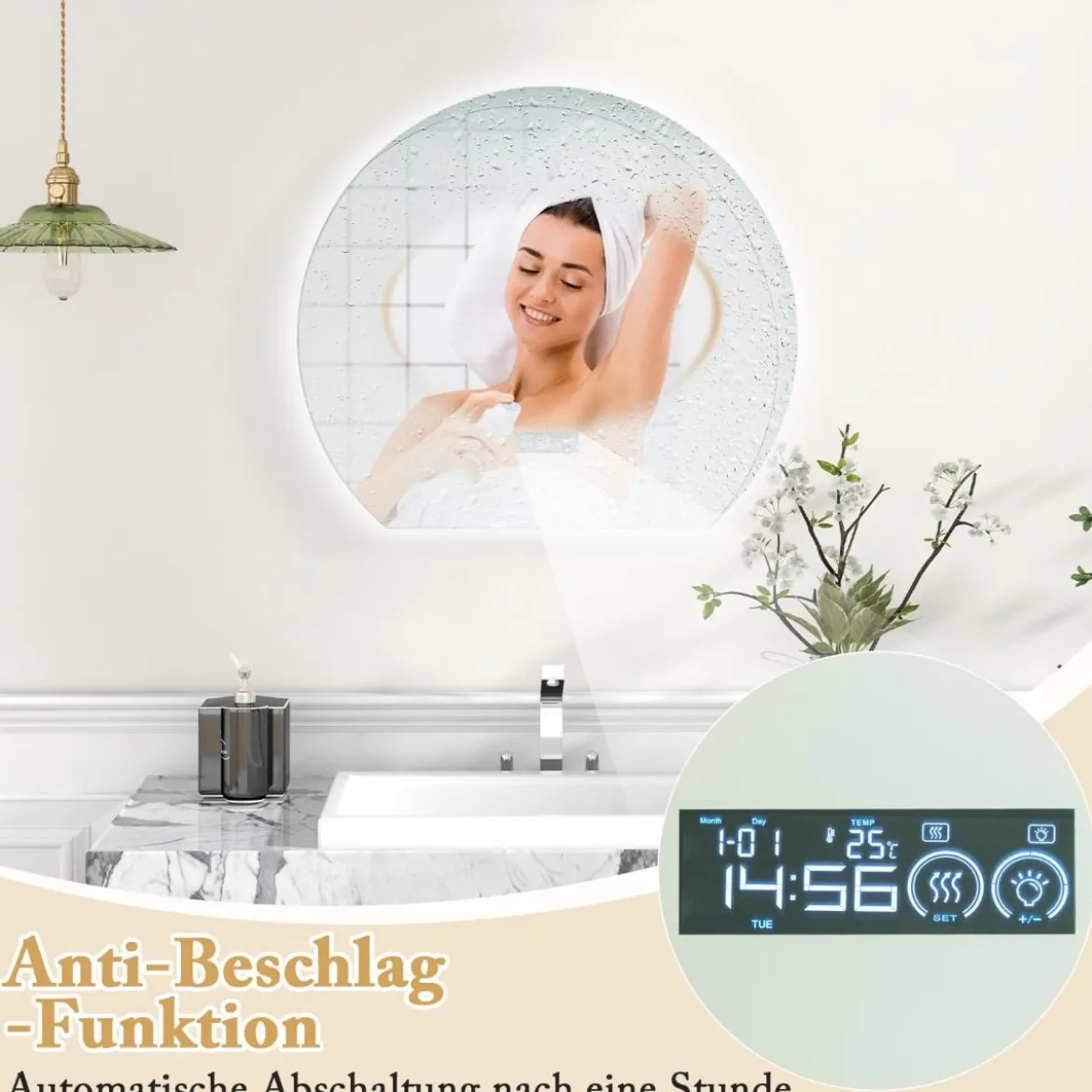 Halbrunder Badezimmerspiegel mit 3-farbigen LED-Leuchten Dimmbarer Kosmetikspiegel