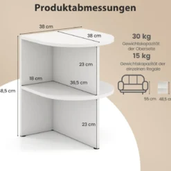 Halbrunder Beistelltisch mit Offenen Regalen Nachttisch Sofatisch Kaffeetisch Weiß