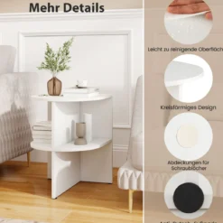 Halbrunder Beistelltisch mit Offenen Regalen Nachttisch Sofatisch Kaffeetisch Weiß