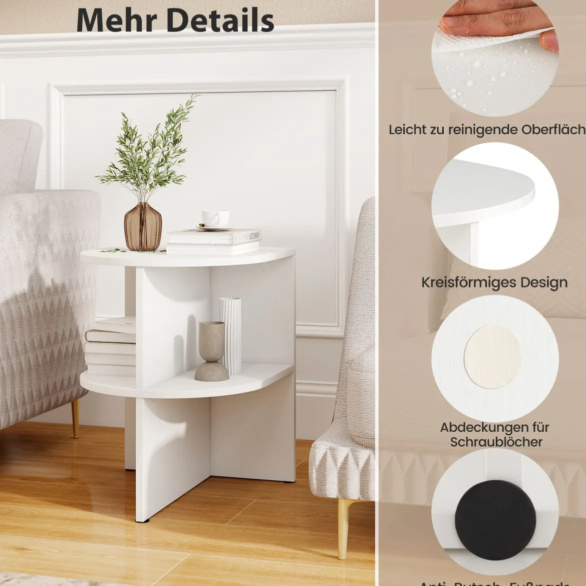 Halbrunder Beistelltisch mit Offenen Regalen Nachttisch Sofatisch Kaffeetisch Weiß