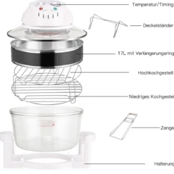 Halogenofen 17L 1200W-1400W Heissluftofen Heißluftgrill mit Erweiterungsring Weiß