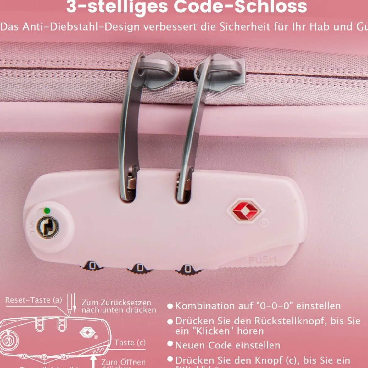 20” Handgepäck Reisekoffer mit Spinnerrädern & TSA-Schloss PC-Hartschalenkoffer mit Aufkleber 38 x 22 x 57 cm Rosa