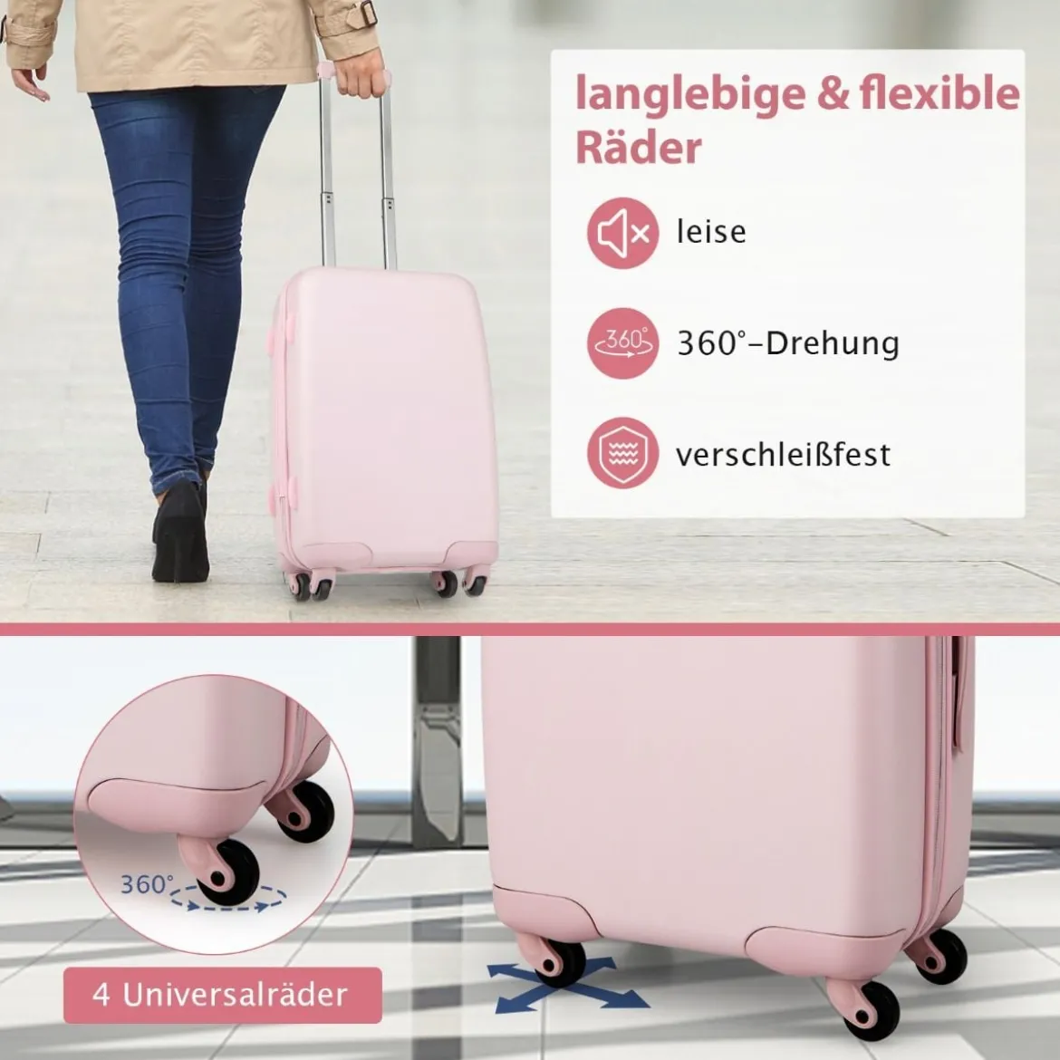 20” Handgepäck Reisekoffer mit Spinnerrädern & TSA-Schloss PC-Hartschalenkoffer mit Aufkleber 38 x 22 x 57 cm Rosa