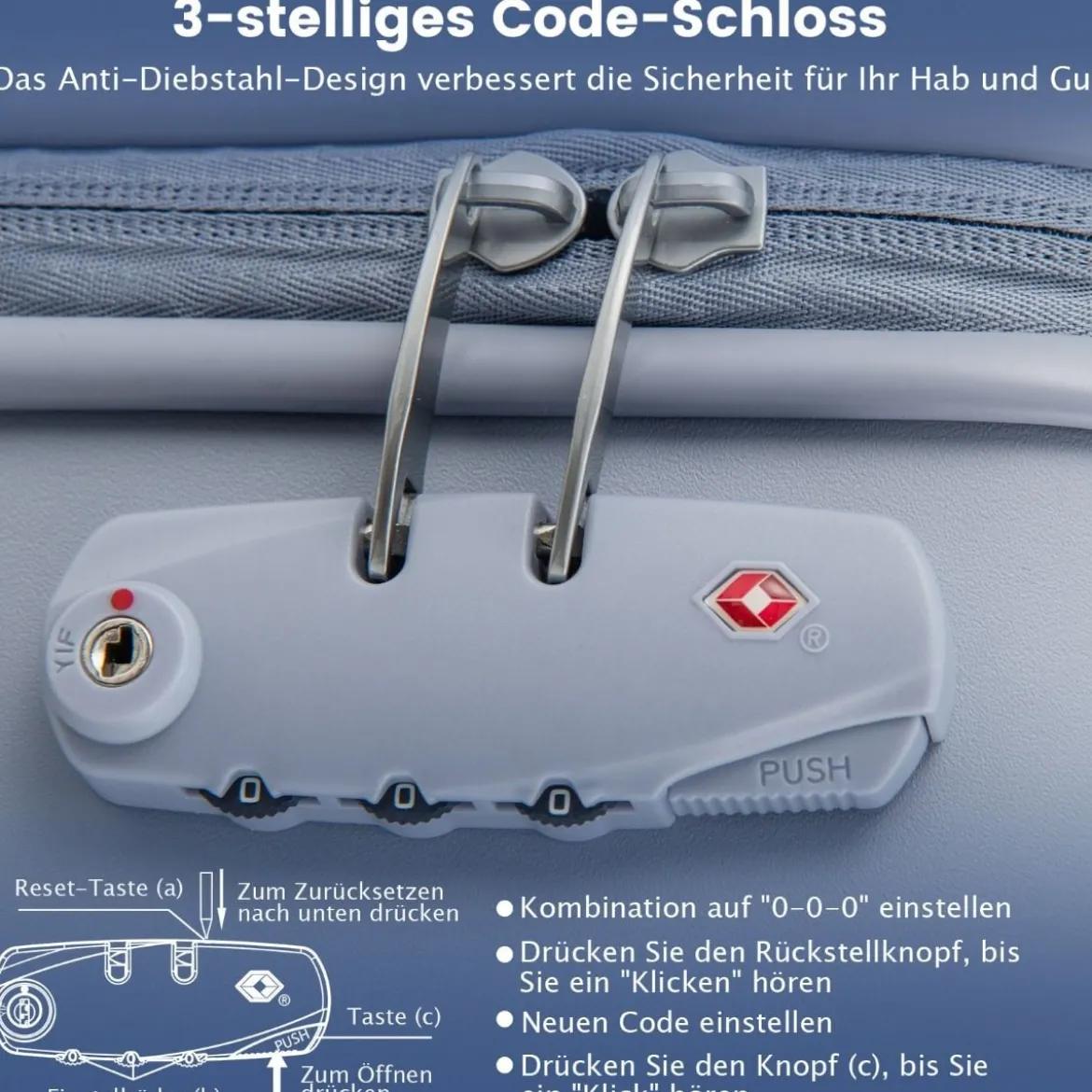 20” Handgepäck Reisekoffer mit Spinnerrädern & TSA-Schloss PC-Hartschalenkoffer mit Aufkleber 38 x 22 x 57 cm Blau