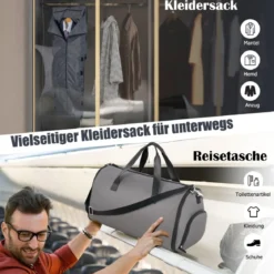 Handgepäcktasche mit Schuhfach & verstellbarem Schultergurt 2-in-1-Hängeanzug-Reisetasche Dunkelgrau