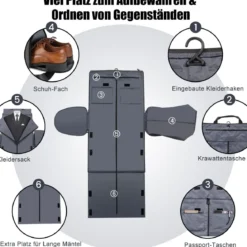 Handgepäcktasche mit Schuhfach & verstellbarem Schultergurt 2-in-1-Hängeanzug-Reisetasche Dunkelgrau