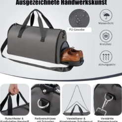 Handgepäcktasche mit Schuhfach & verstellbarem Schultergurt 2-in-1-Hängeanzug-Reisetasche Dunkelgrau
