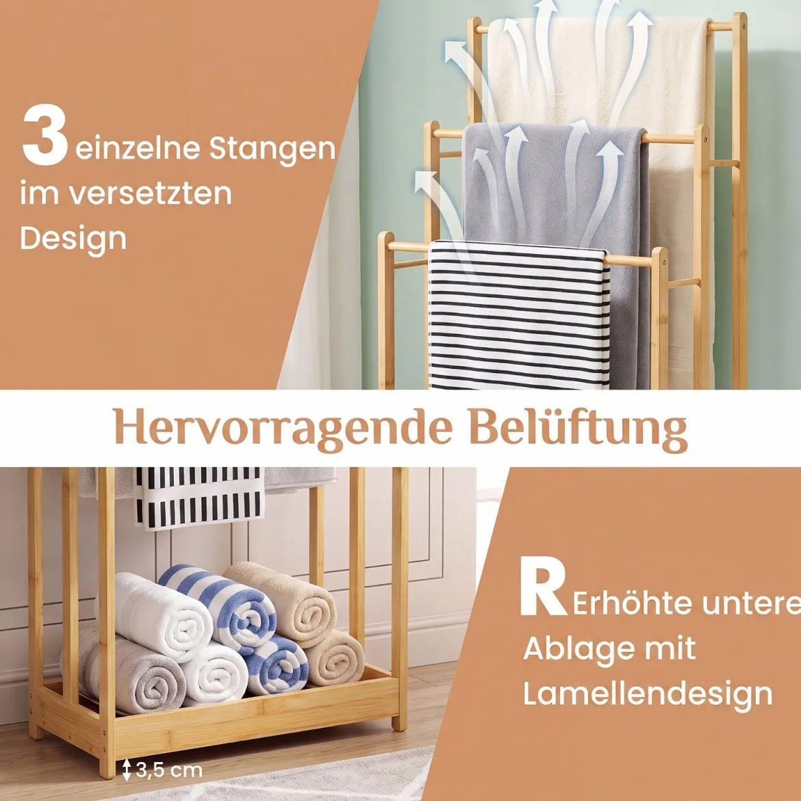 Handtuchhalter Handtuchständer aus Bambus Treppenförmige Handtuchleiter 45 x 22 x 86 cm Natur