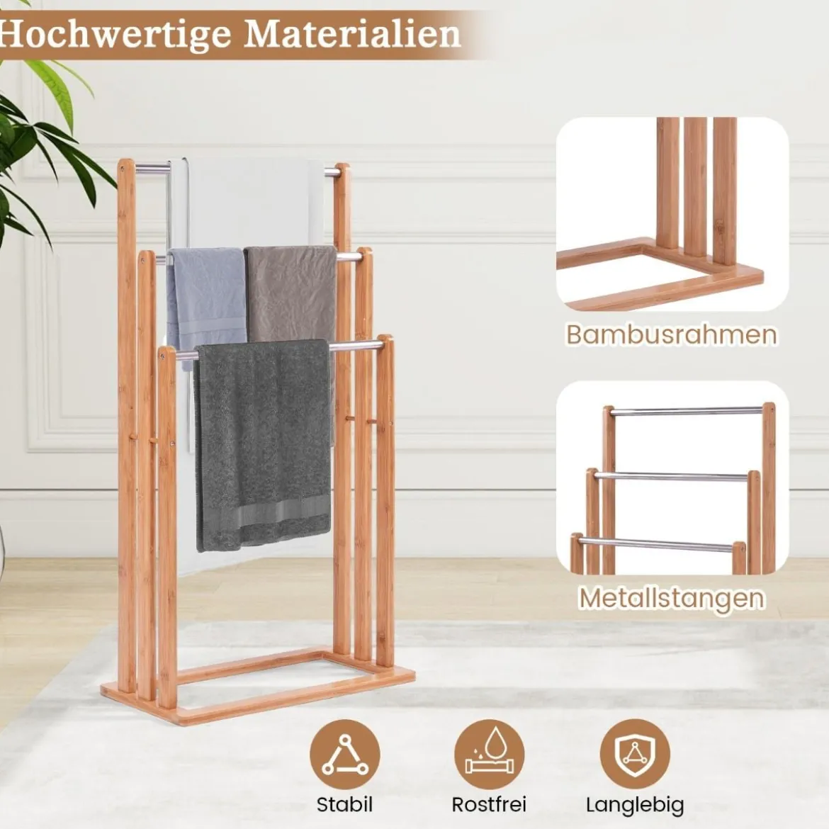 Handtuchhalter Handtuchständer Standhandtuchhalter 3 Stangen Freistehend Bambus