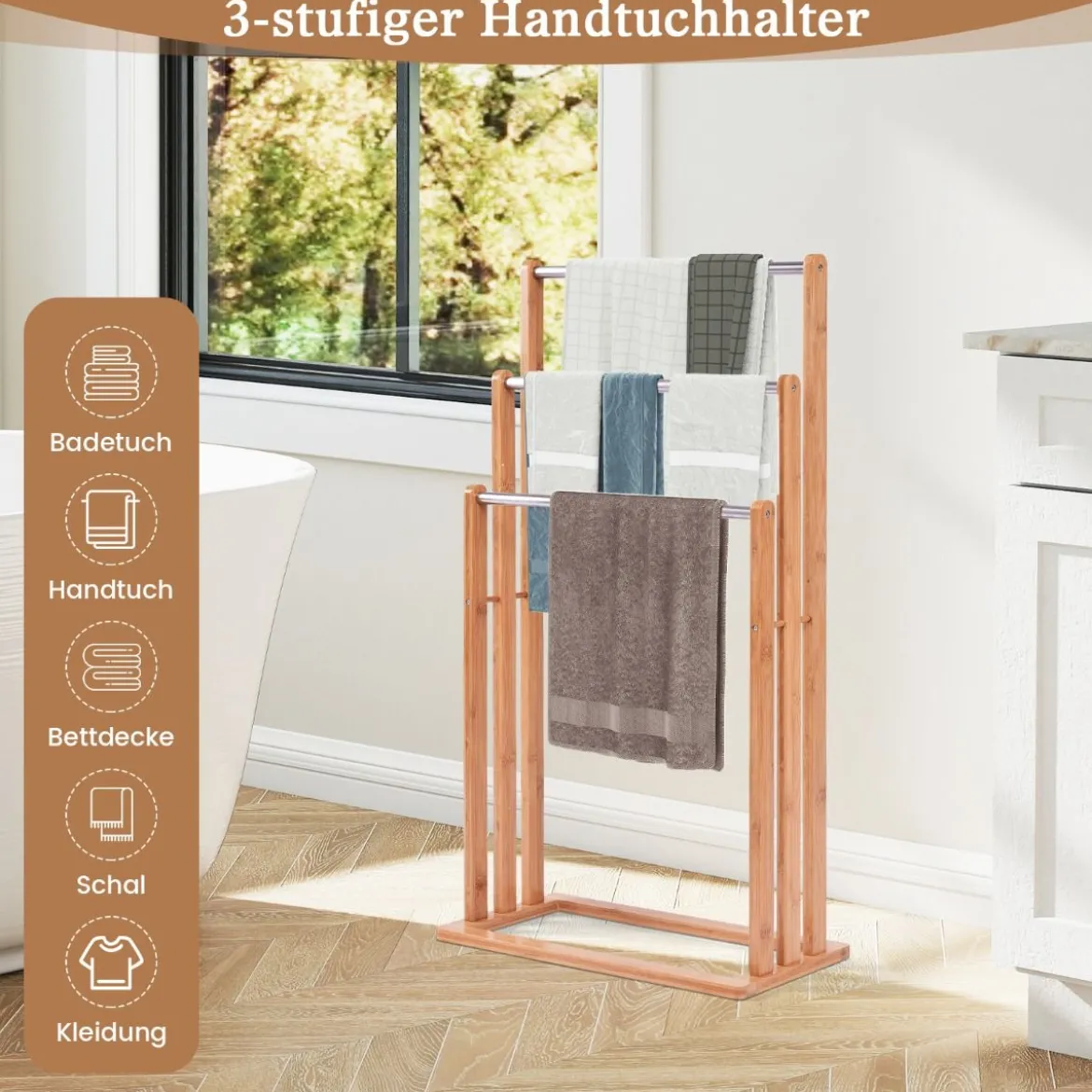 Handtuchhalter Handtuchständer Standhandtuchhalter 3 Stangen Freistehend Bambus